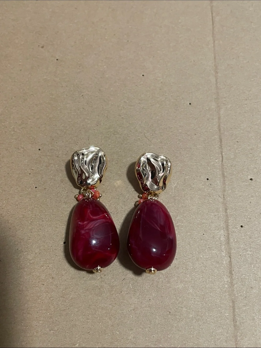 Urban Hammered Gold-Tone & Deep Red Swirled Teardrop Statement Earrings